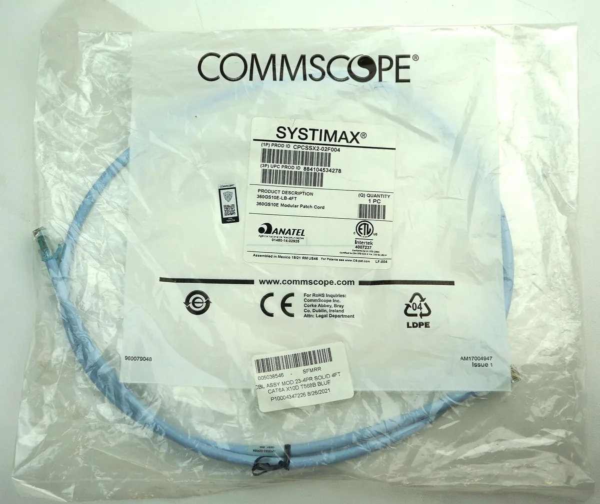 COMMSCOPE COMMSCOPE CPCSSX2-02F004 GigaSPEED X10D 360GS10E-C859 Solid Patch Cable 4 Feet C6A RJ45 Light Blue — product photo