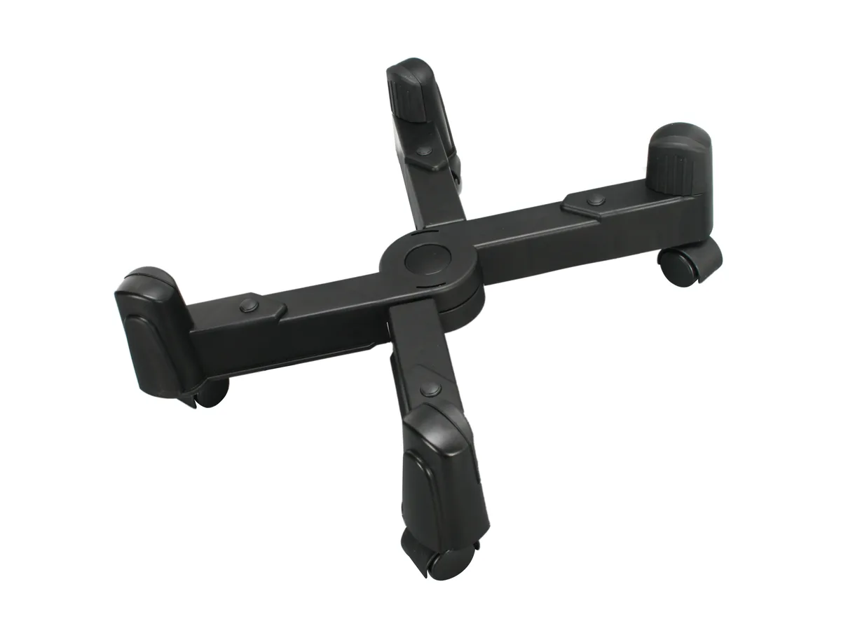 Black plastic CPU stand with five caster wheels and adjustable width from 6 to 10 inches