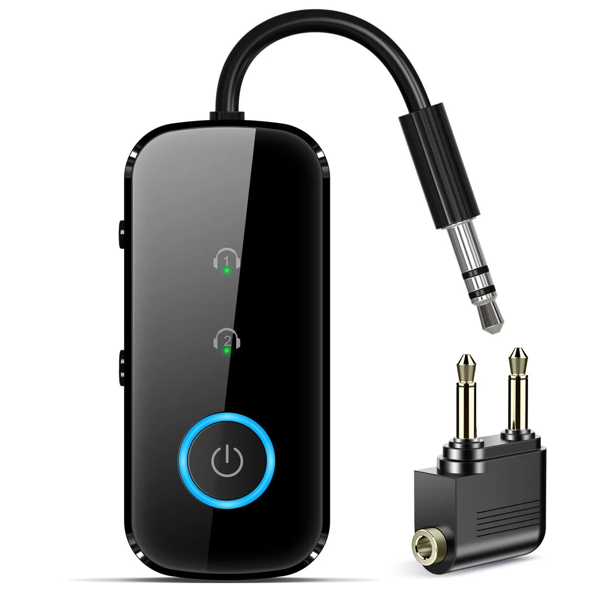 Compact Bluetooth 5.4 transmitter receiver with 3.5 mm AUX and RCA ports, matte black finish