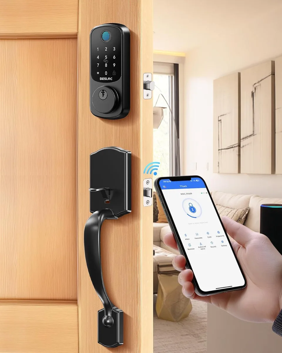 Silver keyless door lock with handle, keypad, fingerprint reader and deadbolt visible