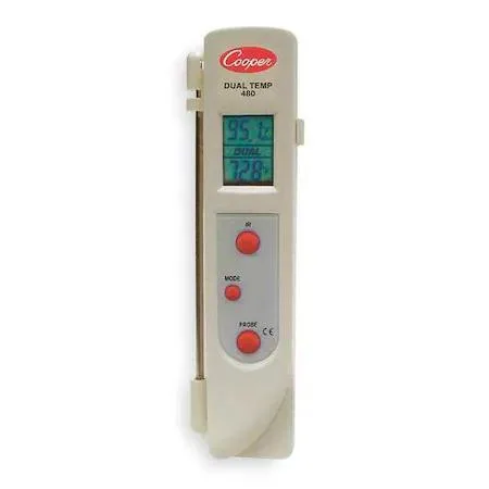 White handheld infrared thermometer with LCD screen and single laser dot sighting