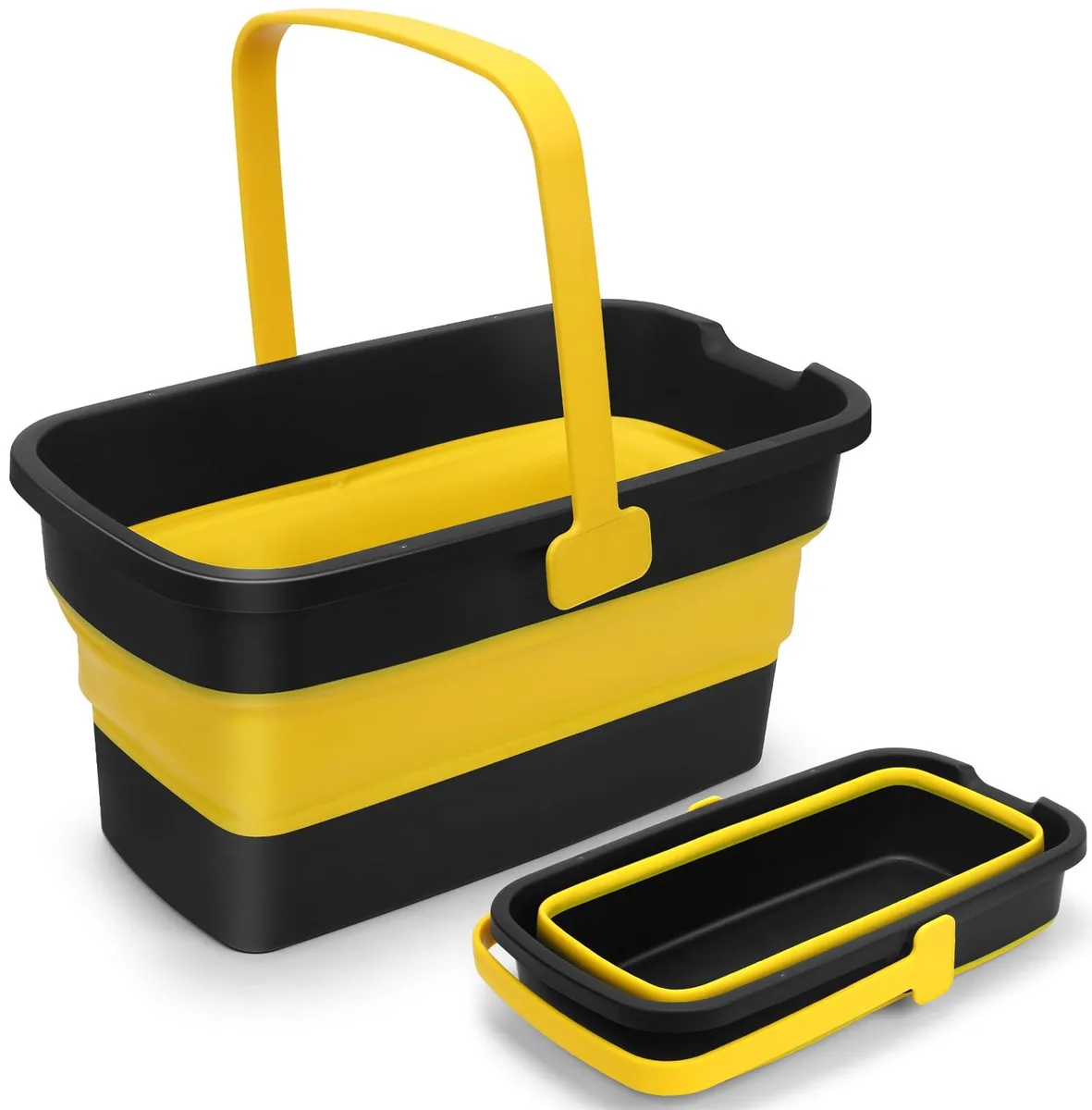 White rectangular collapsible mop bucket with handle, folds to three inches high