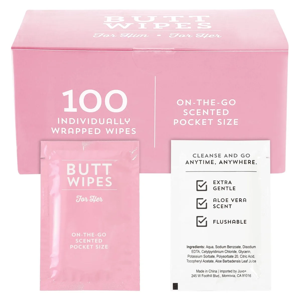 Pink box containing 100 individually wrapped aloe vera scented flushable wipes