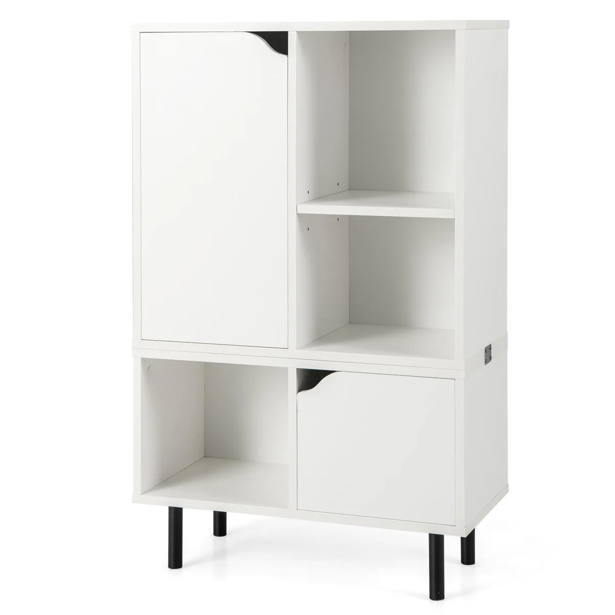 White stackable bookcase with metal legs, two cabinets and three open cubes, 23.5 x 12 x 38 inches