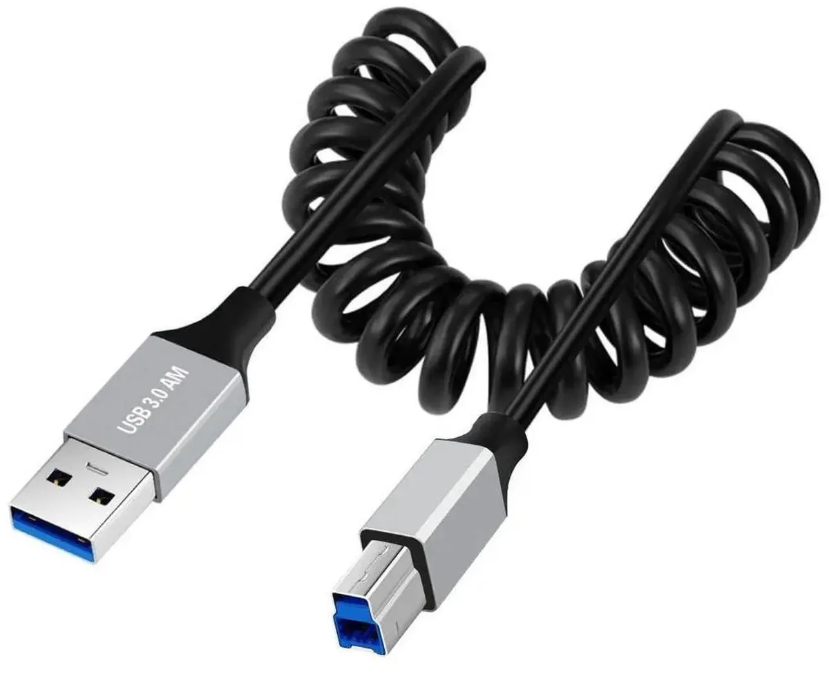 Coiled USB 3.0 cable with Type-A and Type-B connectors, 3.28ft extended length