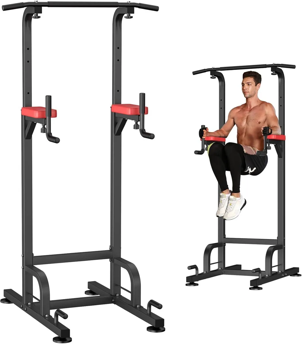 Silver steel power tower with pull-up bar dip handles and suction cup feet