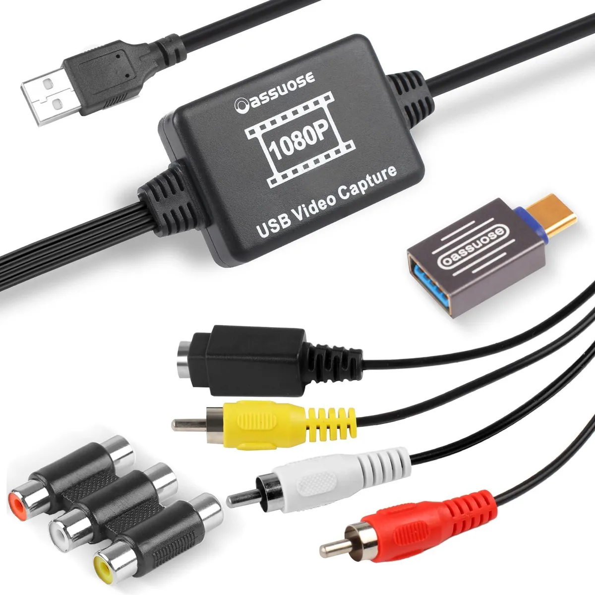 Small black capture dongle with USB-A and USB-C plugs and RCA ports