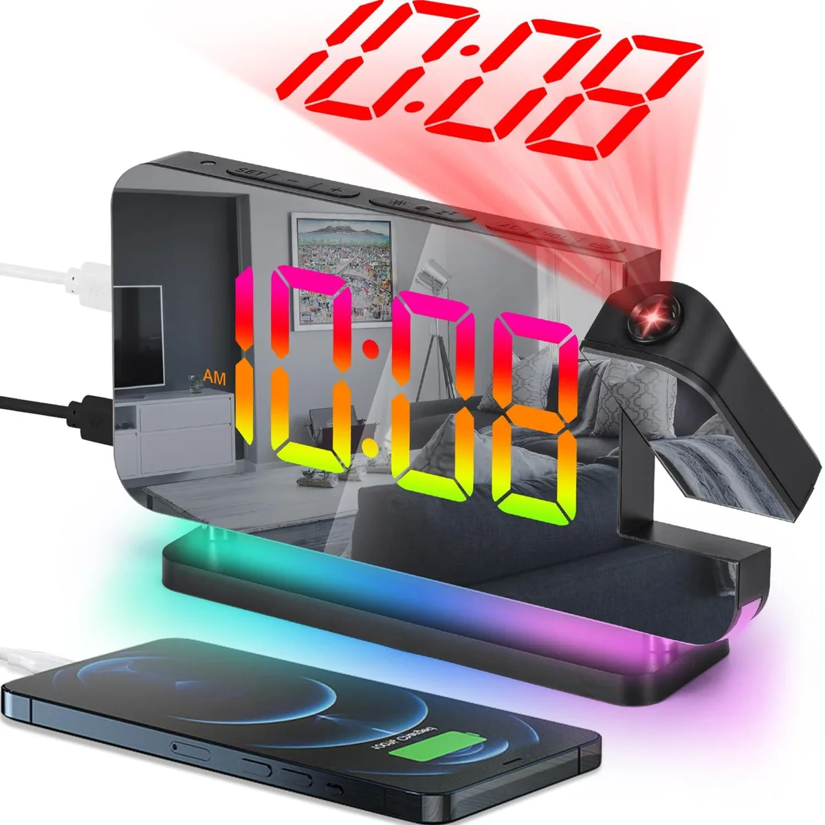 Black rectangular digital clock with mirror finish, rotatable projector on top, USB-C and USB-A ports visible