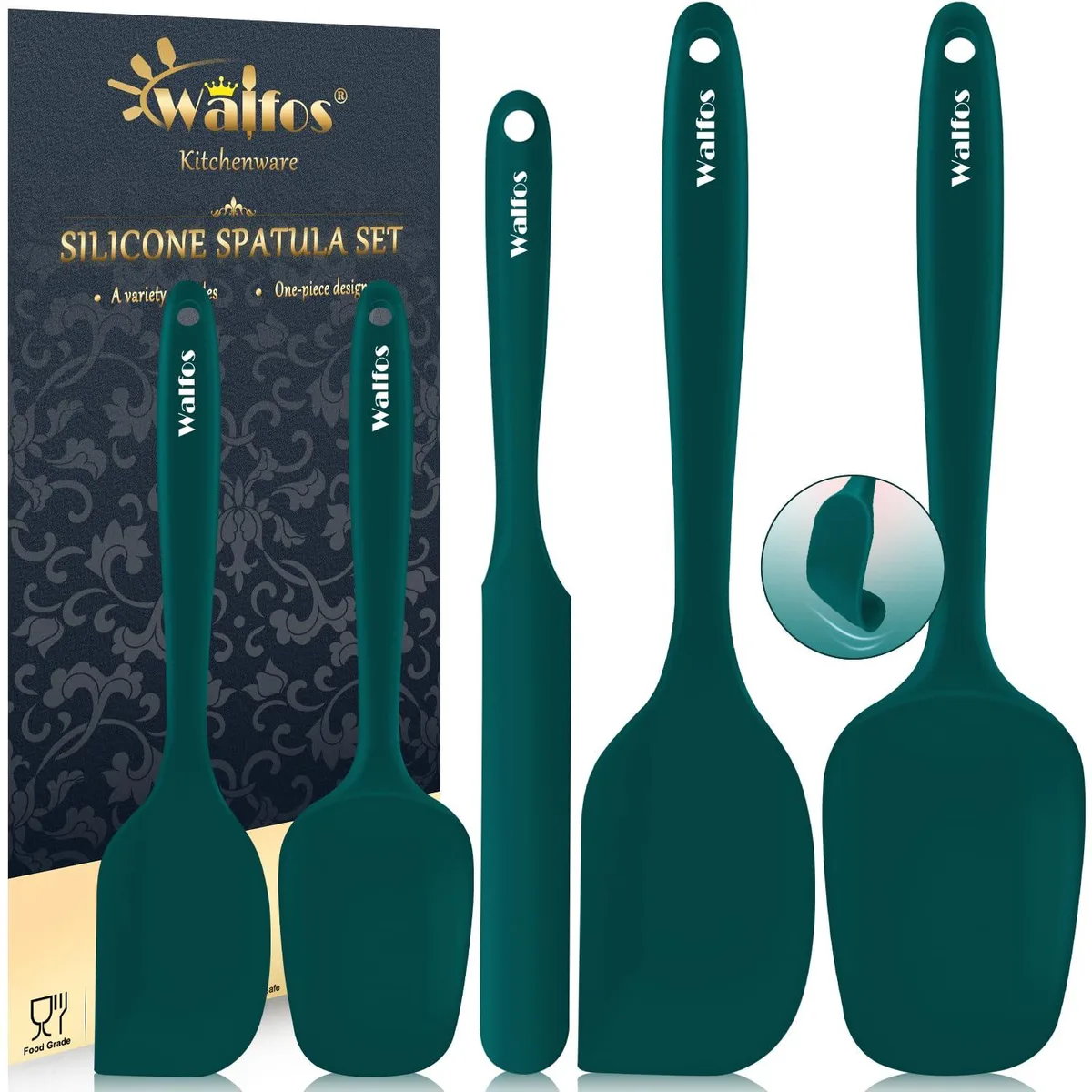 Five dark green silicone spatulas with seamless one-piece design