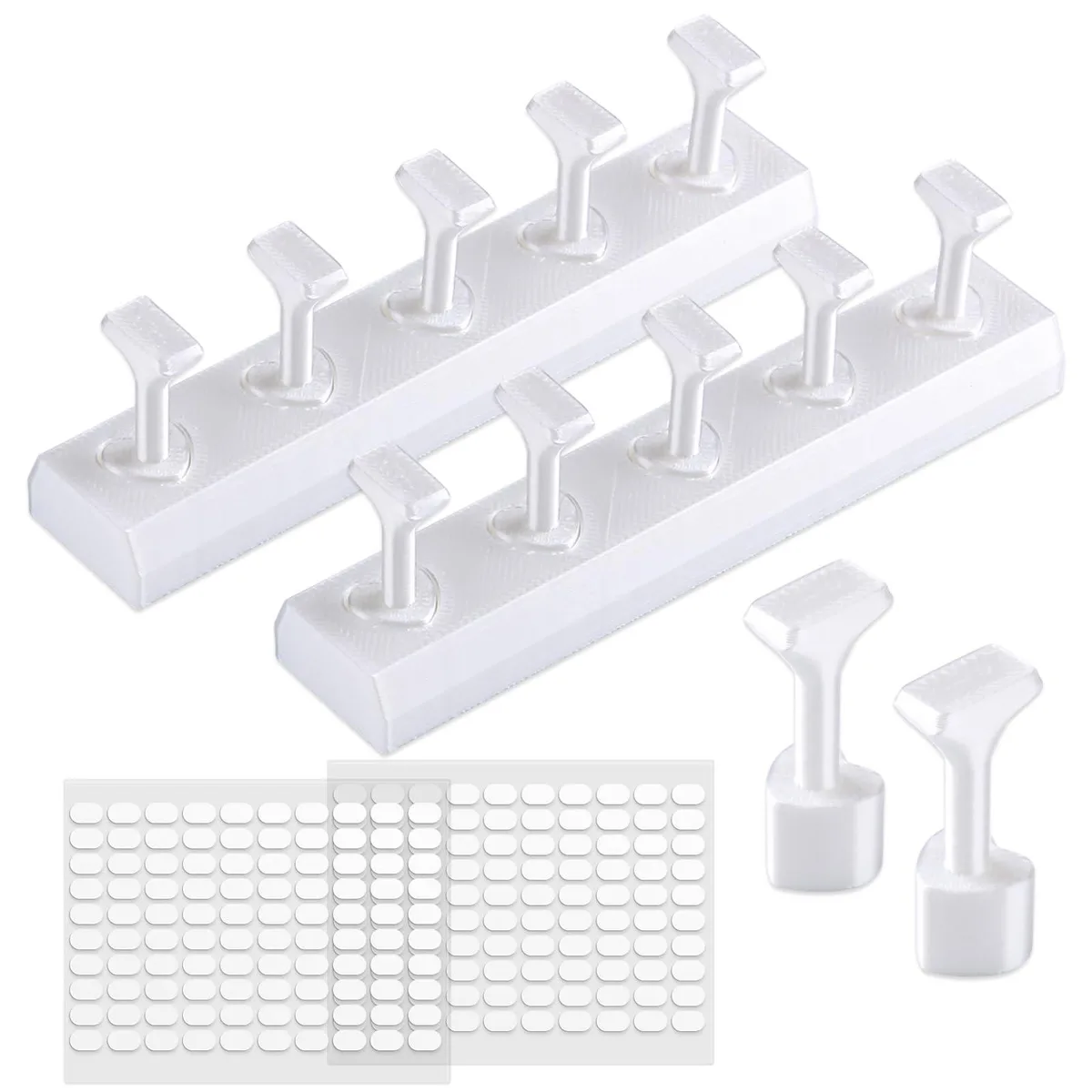 White acrylic nail practice stand with ten holders on two heart-shaped bases and 200 adhesive tabs
