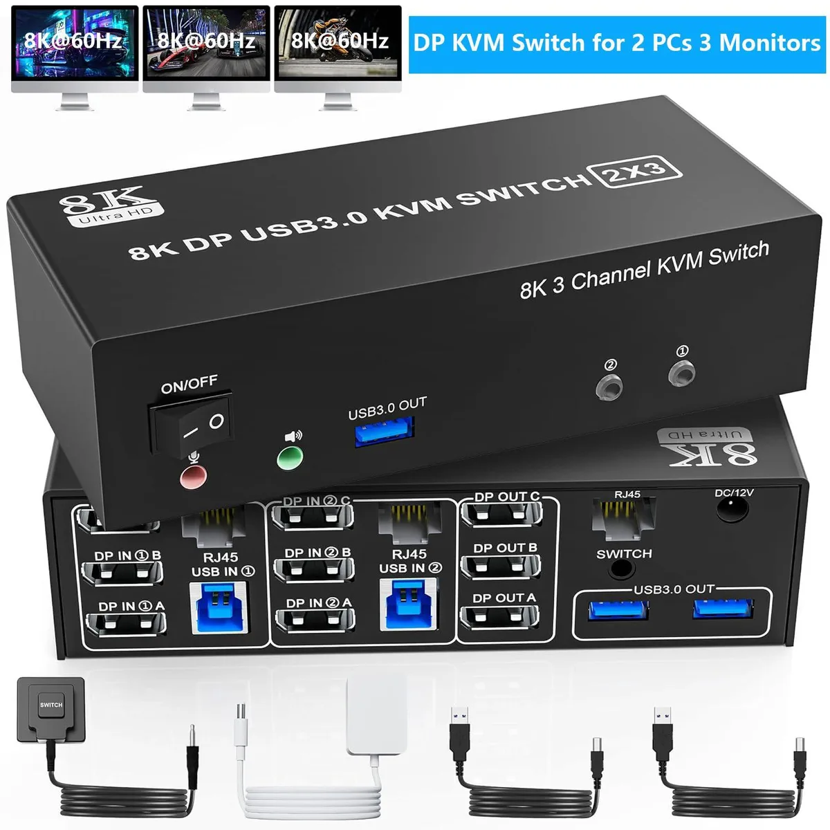 WRIARICH WRIARICH 8K@60Hz 4K@144Hz DP 1.4 Triple Monitor KVM Switch 2 PCs 3 Monitors — product photo
