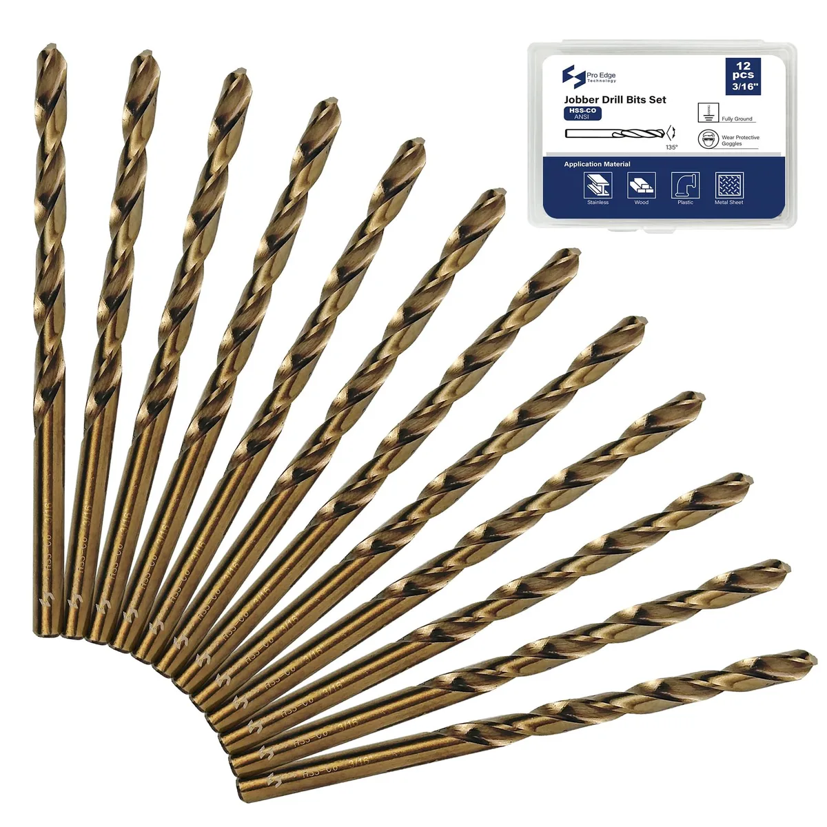 A plastic case holding twelve 3/16 inch cobalt drill bits with hex shanks