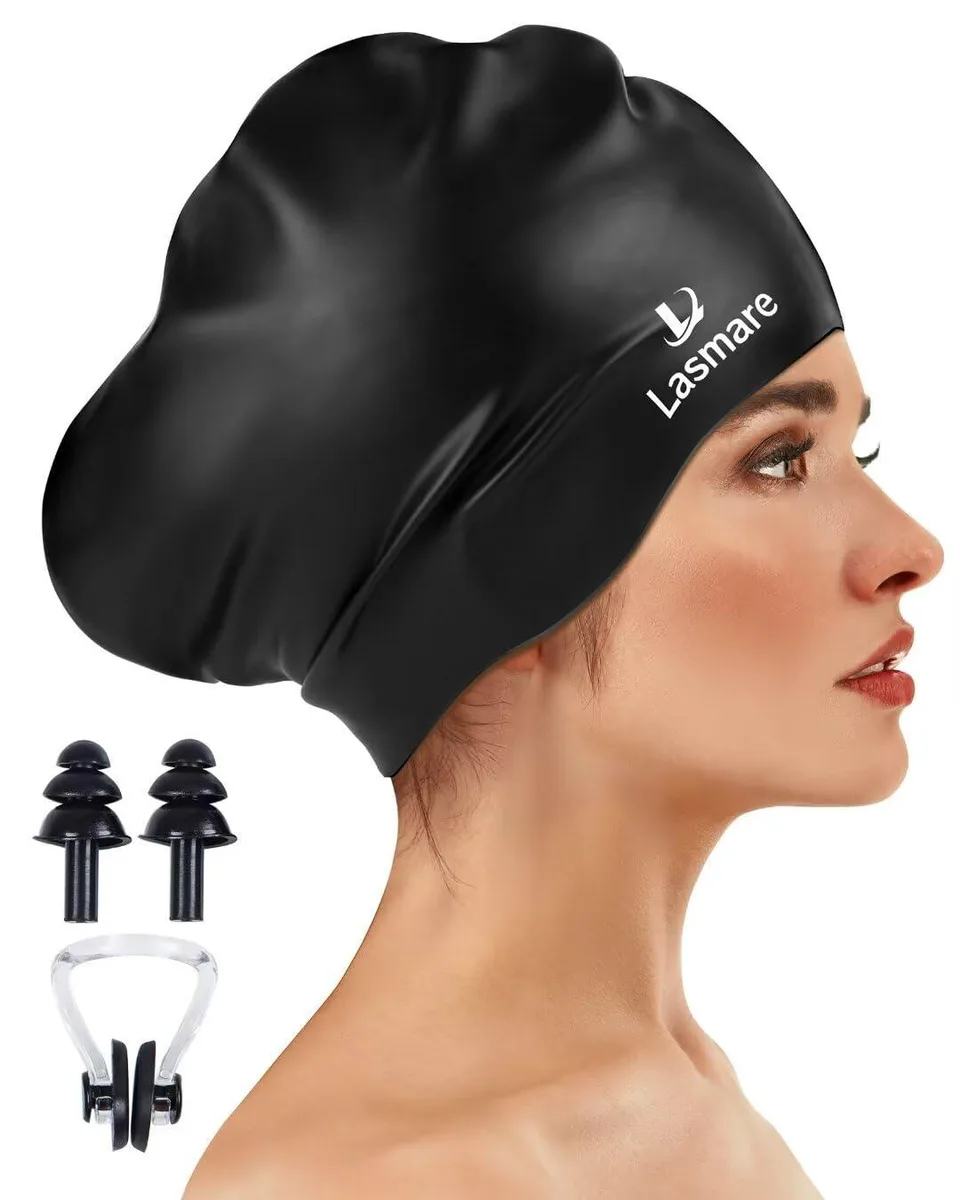  Lasmare Silicone Swim Cap Long Hair Black with Ear Plugs Nose Clip — product photo