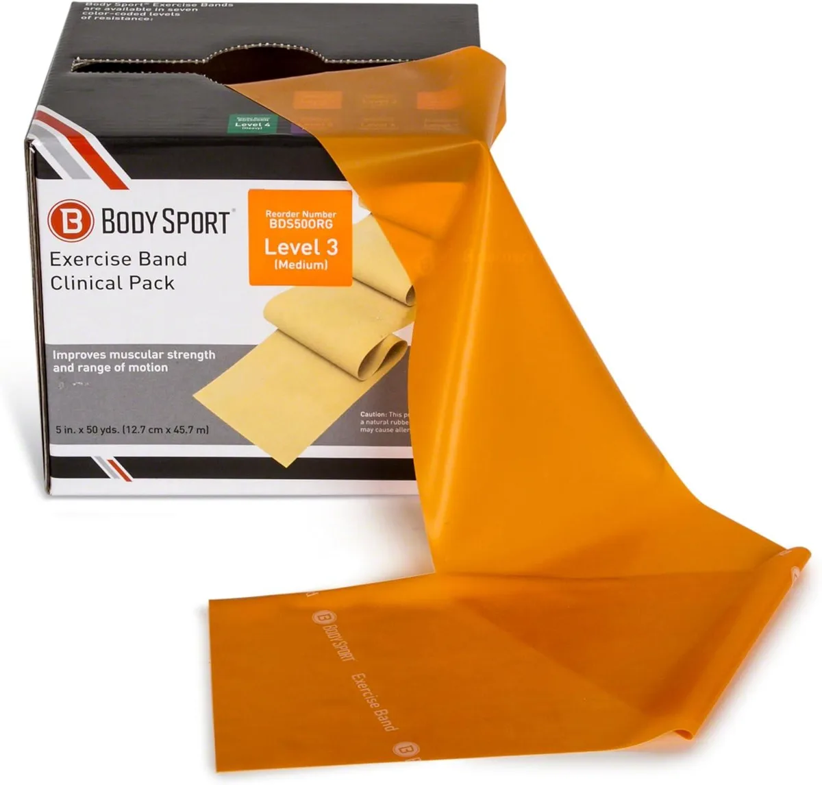 A flat yellow resistance band roll, fifty yards long and five inches wide