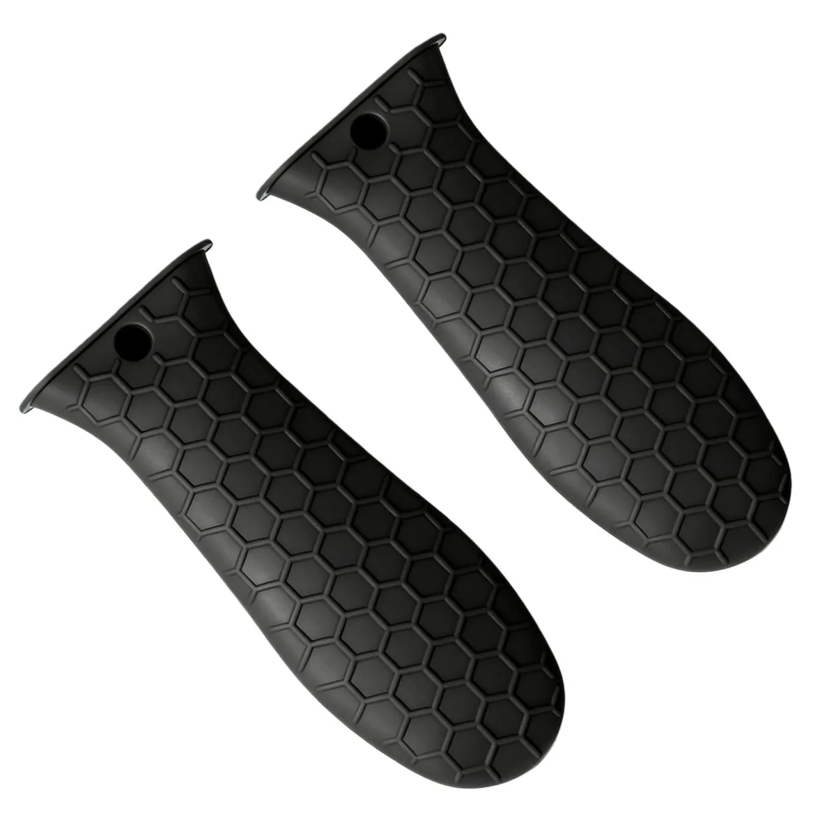 Two black silicone handle covers, 5.3 by 2.2 inches, textured grip, matte finish