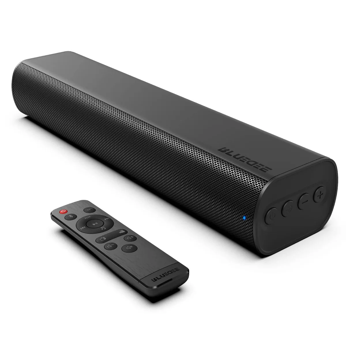 Black 16-inch sound bar, low rectangular profile, wall-mountable, includes remote