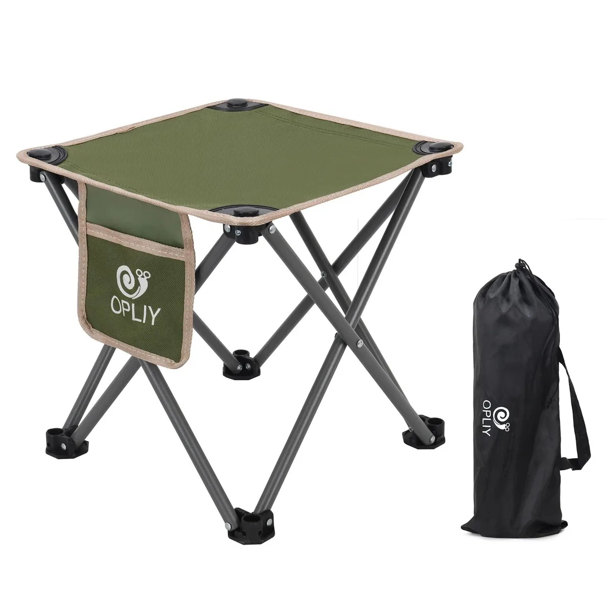 Green folding stool with stainless steel frame and Oxford cloth seat, shown with carry bag