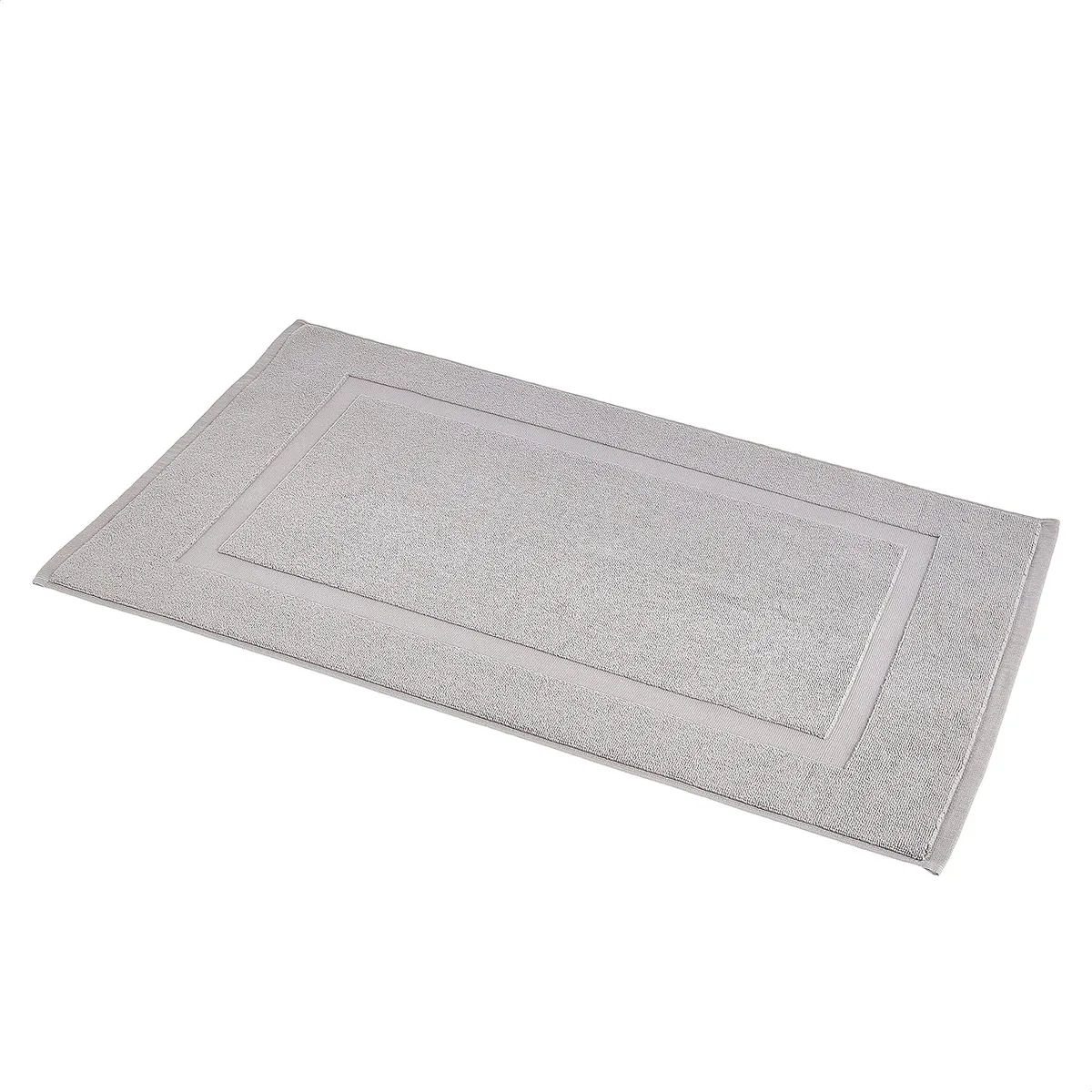 Light gray rectangular cotton bath mat with banded edges, 20 by 31 inches