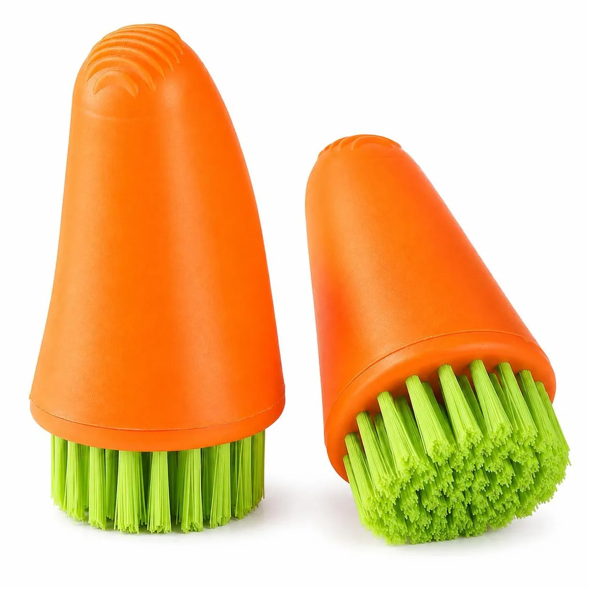 Two orange carrot-shaped brushes with green nylon bristles and ribbed tops