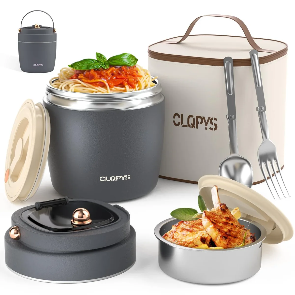 Red 40oz stainless steel vacuum food jar with wide mouth, divider, spoon-fork and insulated carry bag