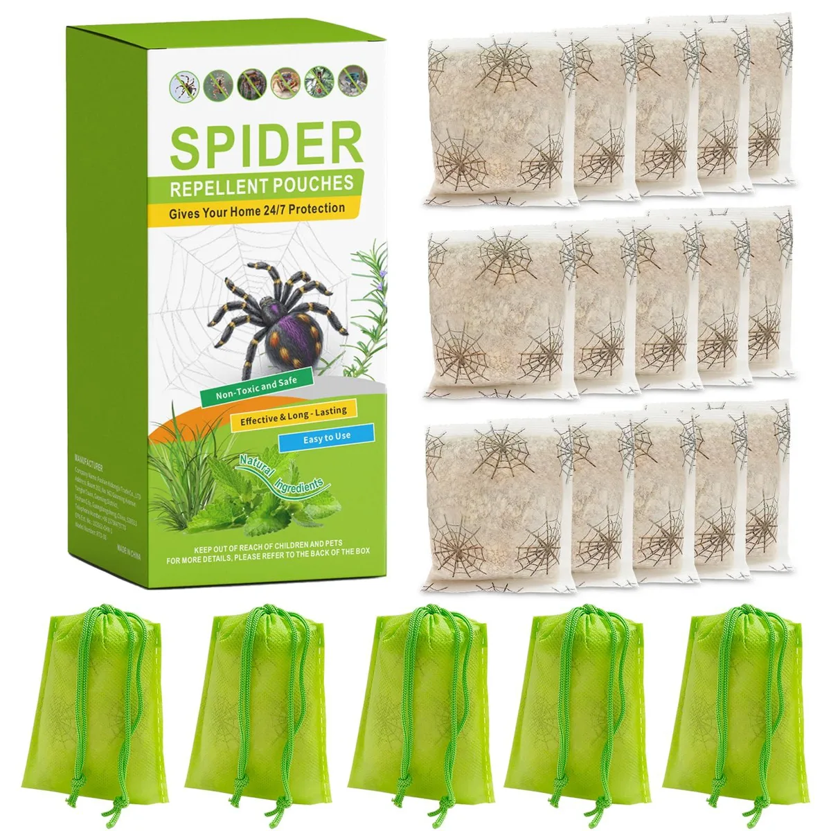 Fifteen small fabric pouches in a sealed bag for spider control
