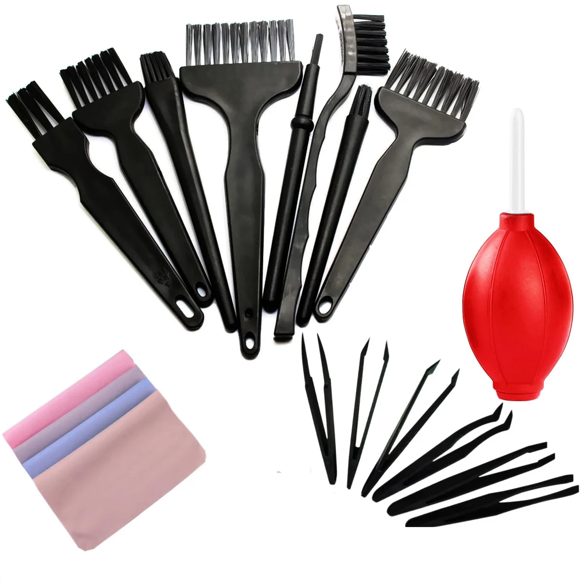 A 19-piece ESD-safe cleaning kit with brushes, tweezers, microfiber cloths and an air blow cleaner