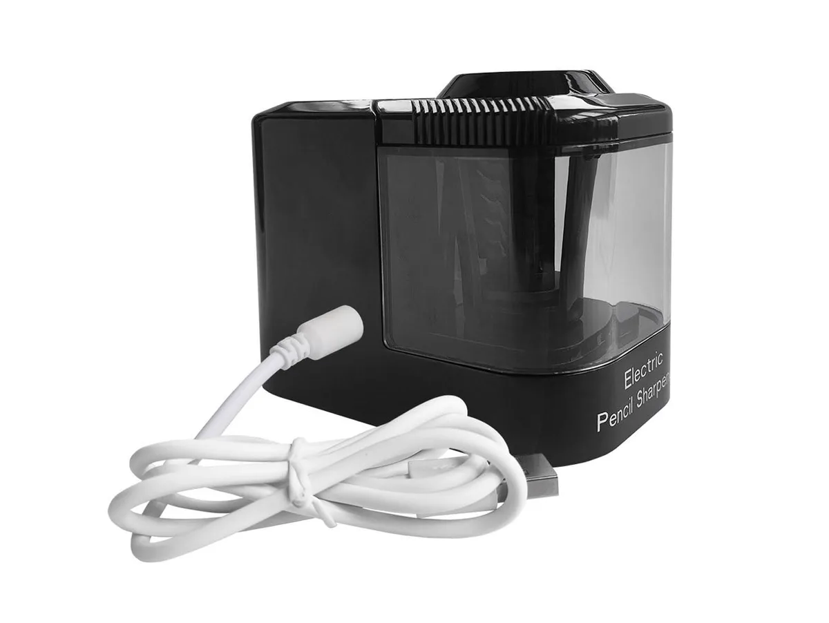 Compact black plastic electric pencil sharpener with USB cable and battery compartment