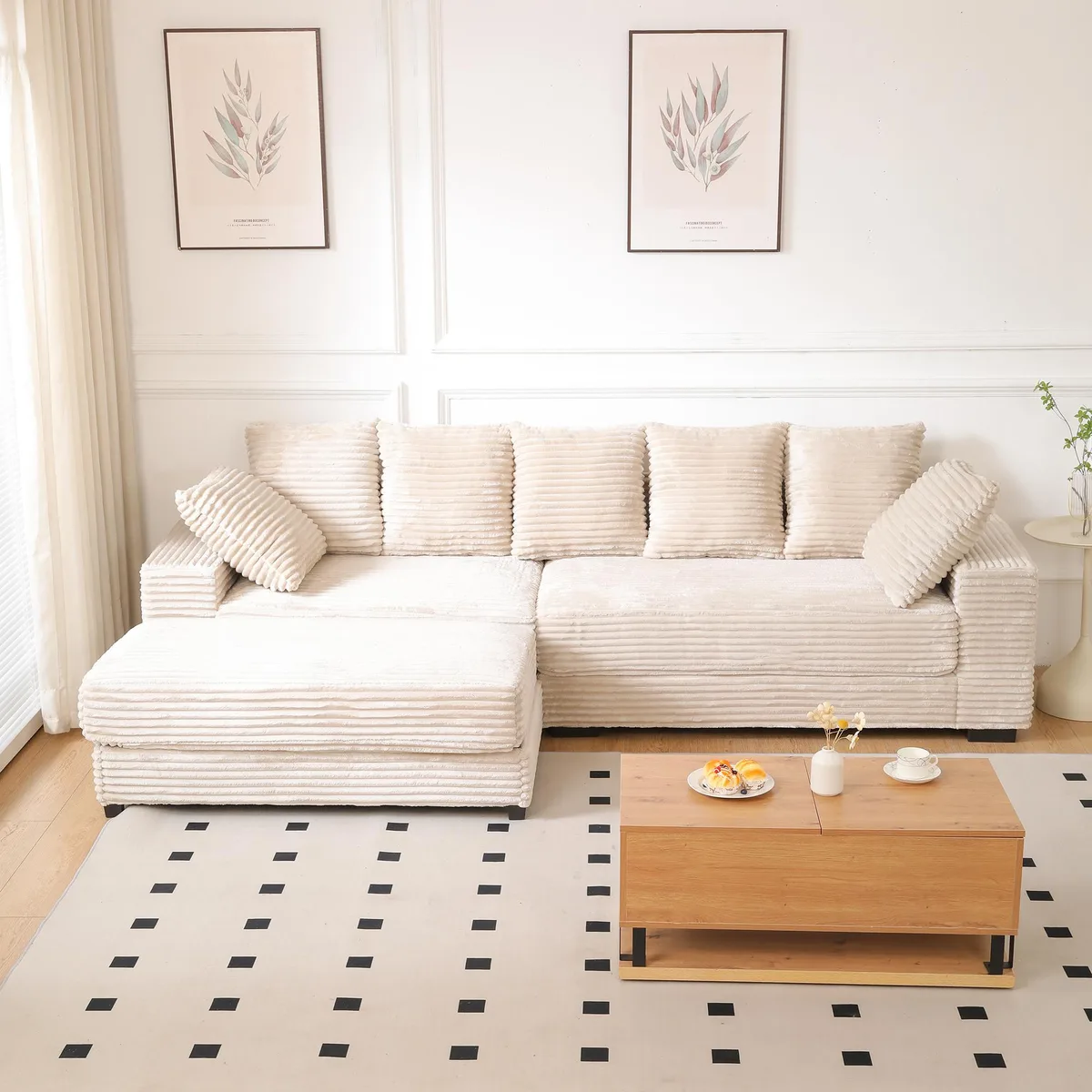 Beige corduroy L-shaped sectional with storage ottoman and eight pillows