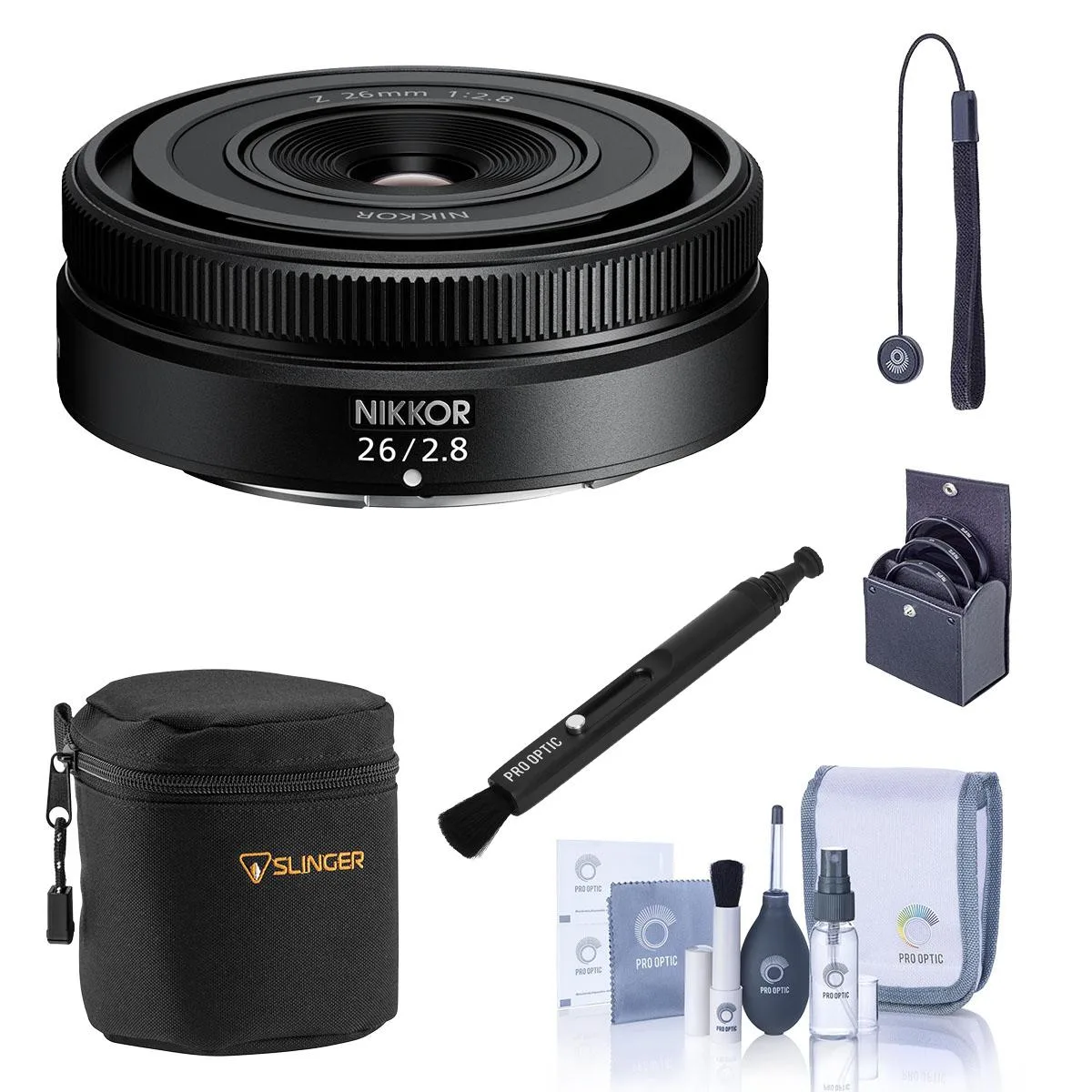 Nikon Inc Nikon NIKKOR Z 26mm f/2.8 camera lens bundle small case 52mm filter kit cleaner cleaning kit lens cap tether — product photo