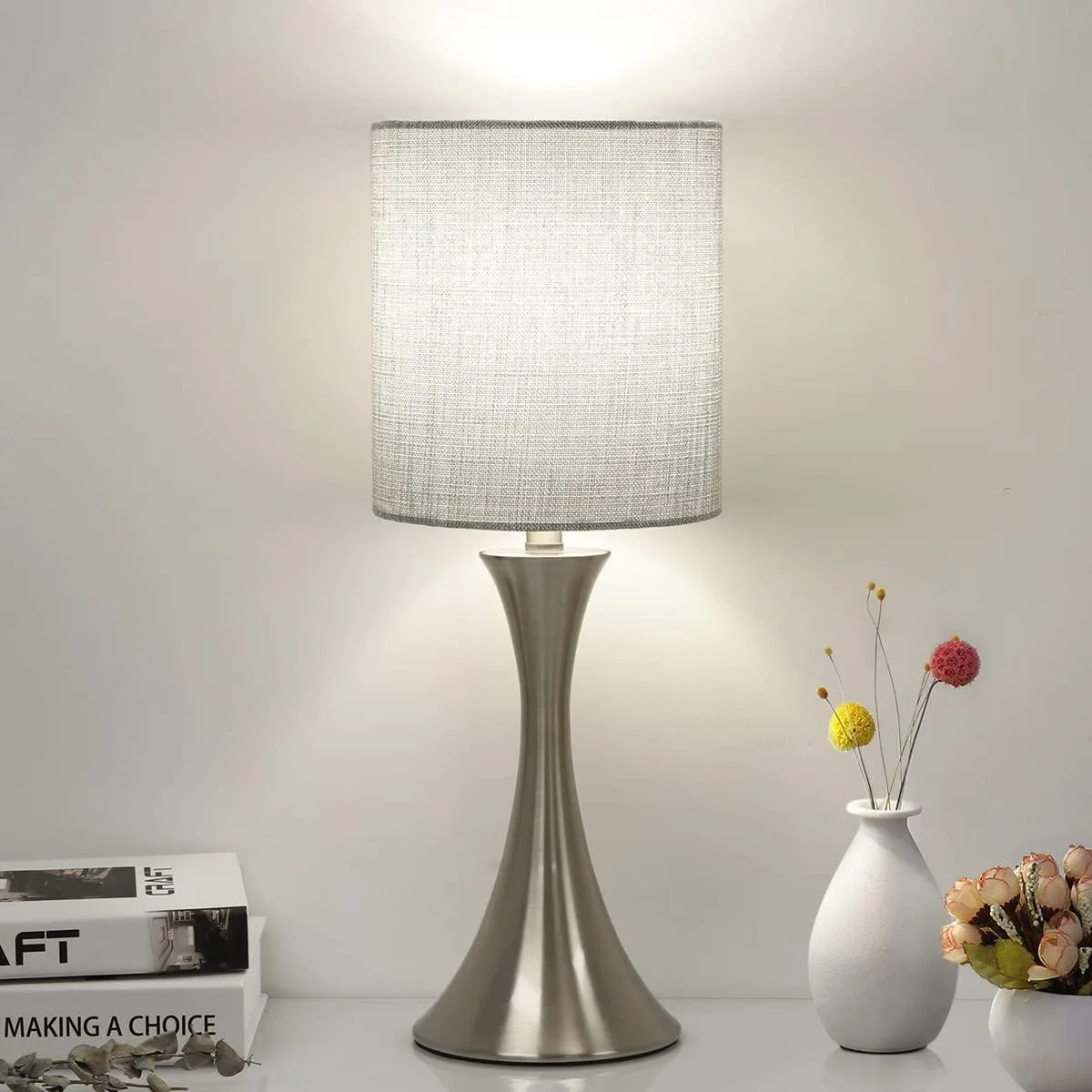 Round grey fabric shade on brushed metal base, 18.31 inches tall