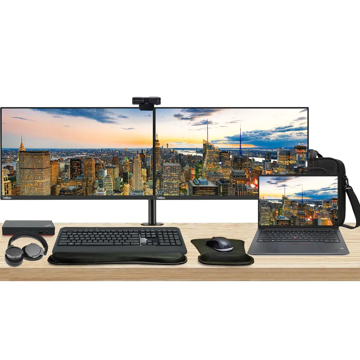 Lenovo Lenovo ThinkPad E14 Gen 5 14" Ryzen 7 7730U 16GB 512GB bundle dual 27" monitors dock accessories — product photo