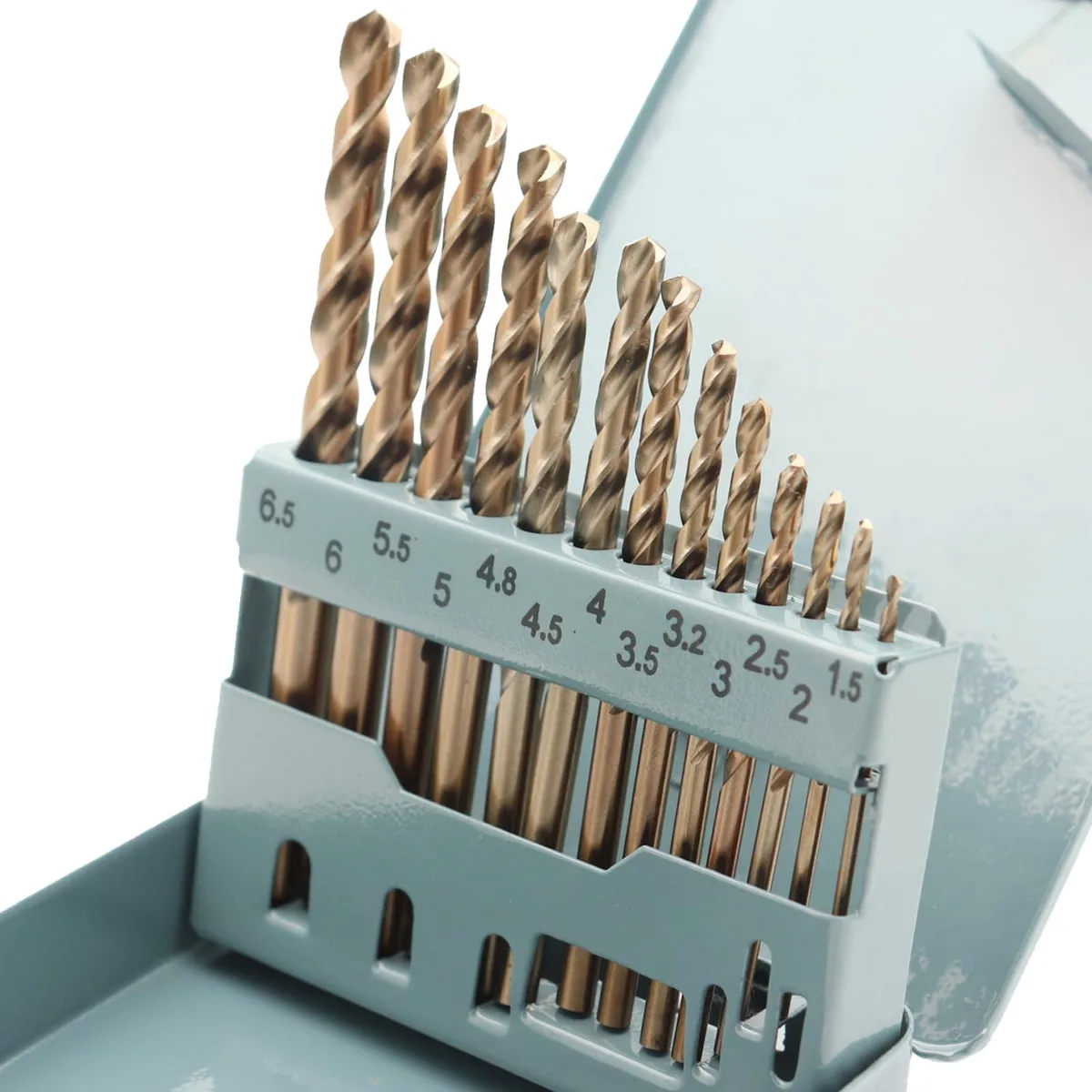 Thirteen cobalt drill bits in a metal case, sizes 1/16 to 1/4 inch