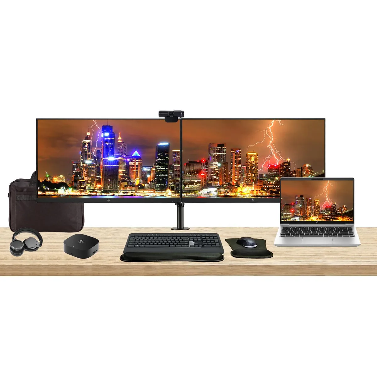 HP HP ProBook 445 G10 14" Ryzen 5 7530U 8GB 256GB SSD bundle with dual 27" monitors, dock, peripherals — product photo