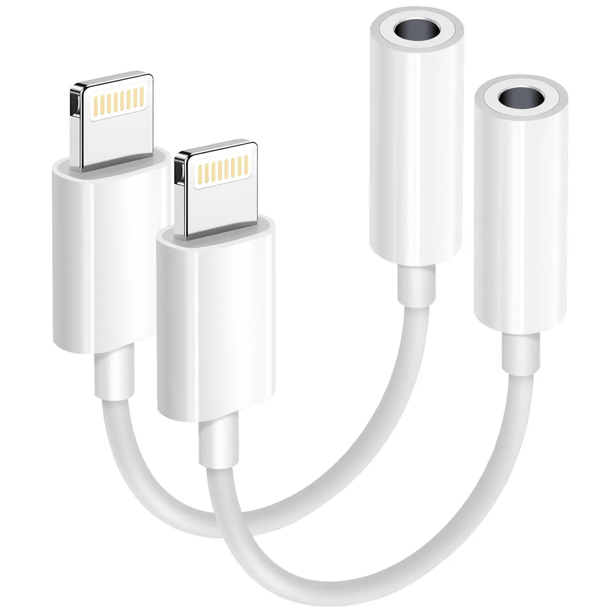 Two white Lightning to 3.5 mm audio adapter dongles