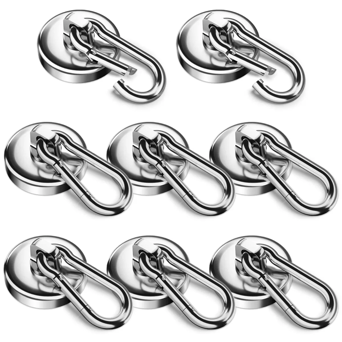 Eight silver metal magnetic hooks with curved tops on a light surface
