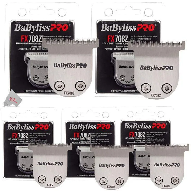 Five silver metal trimmer blades in a row