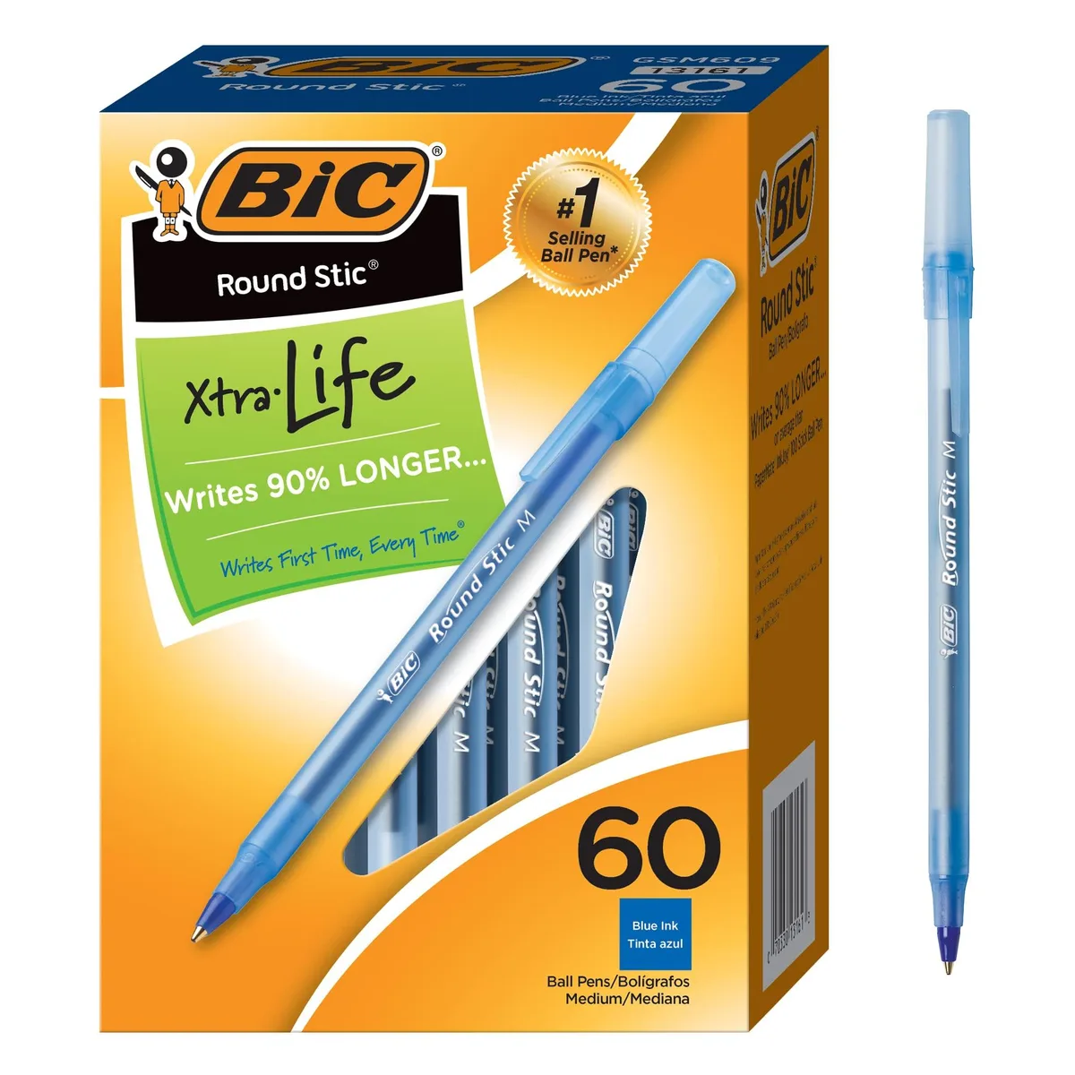 Box of sixty blue ballpoint pens with translucent barrels and 1.0 mm tips