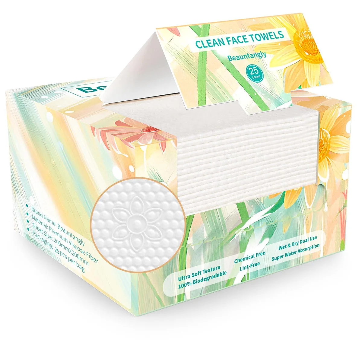 Pack of 25 disposable viscose face towels 7.9 inches square