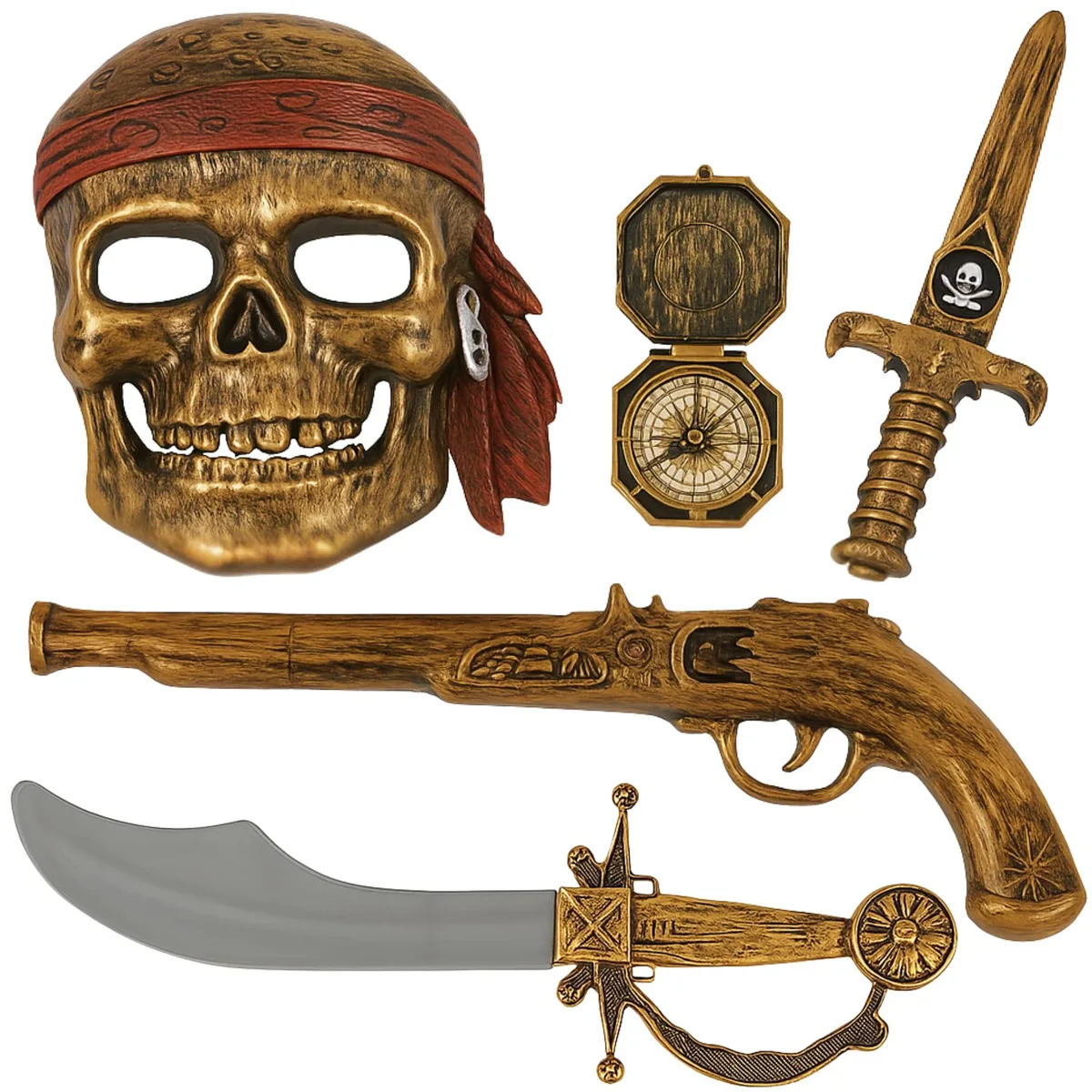 Five-piece pirate play set with 13 sword, 15 pistol, dagger, compass, skull mask