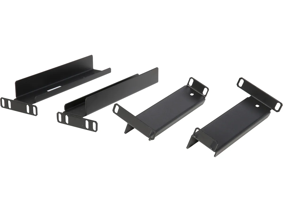 Black powder-coated 14-gauge steel 2-post rackmount bracket with mounting hardware