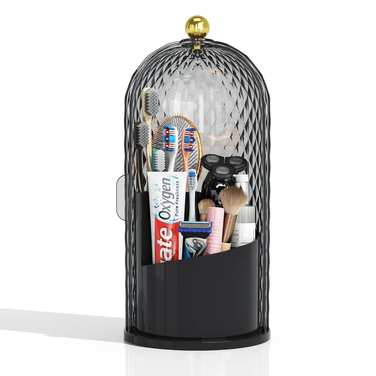 Black cylindrical bath storage with lid and three slots, 10.62in tall