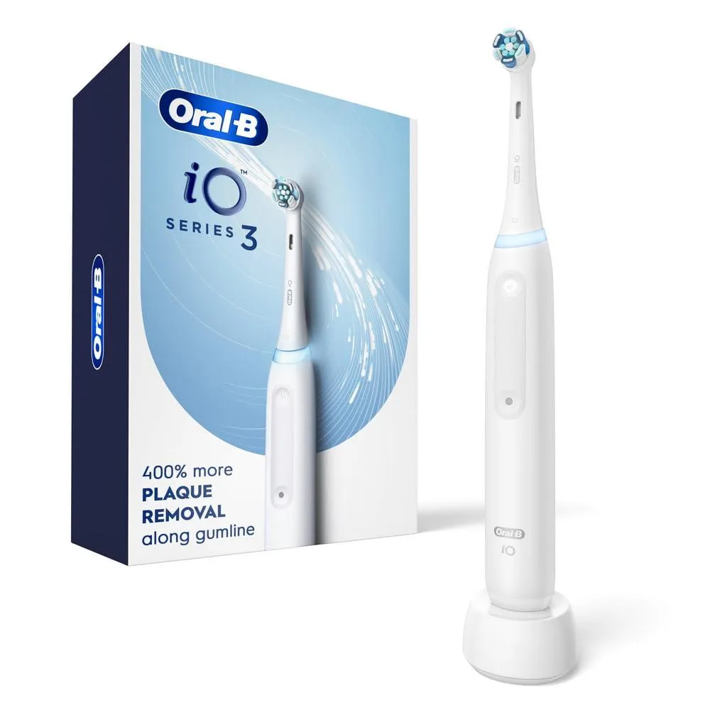White Oral-B iO Series 3 electric toothbrush with brush head and travel case
