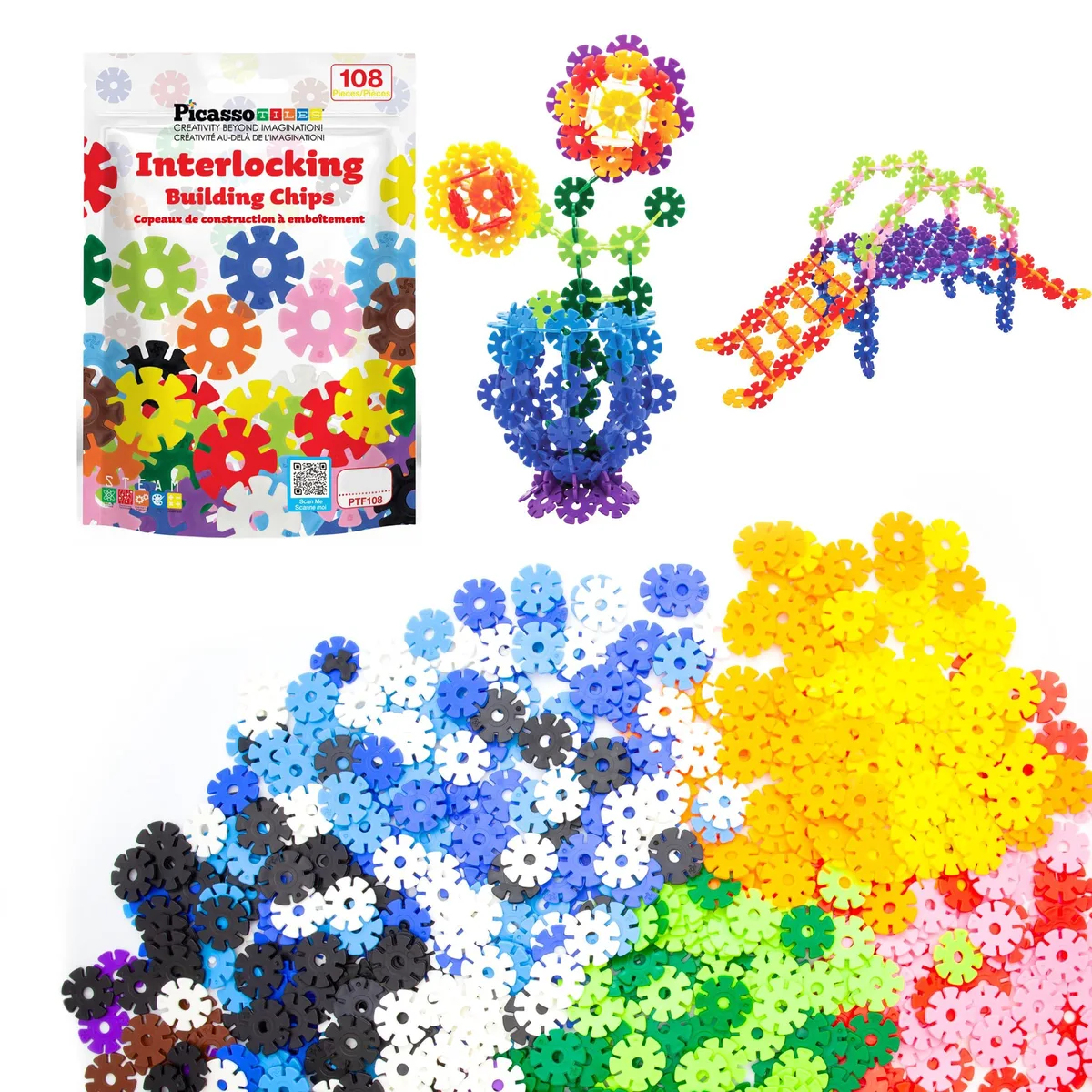 PicassoTiles 108pc Interlocking Disc Building Chips 12 Colors — product photo