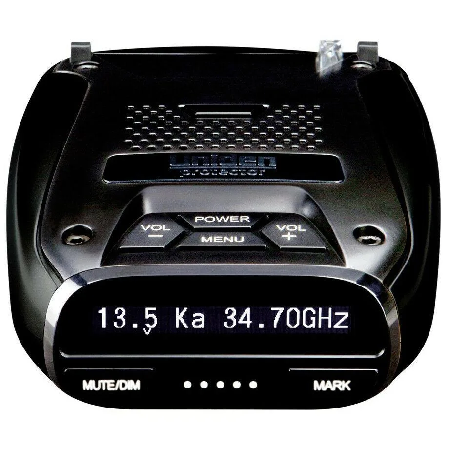 Black rectangular radar detector with silver front grille and display screen