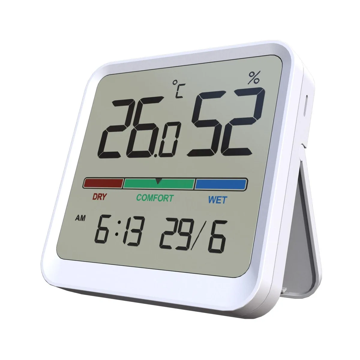 Black rectangular digital thermometer hygrometer with 3.7 inch display magnet and stand mount