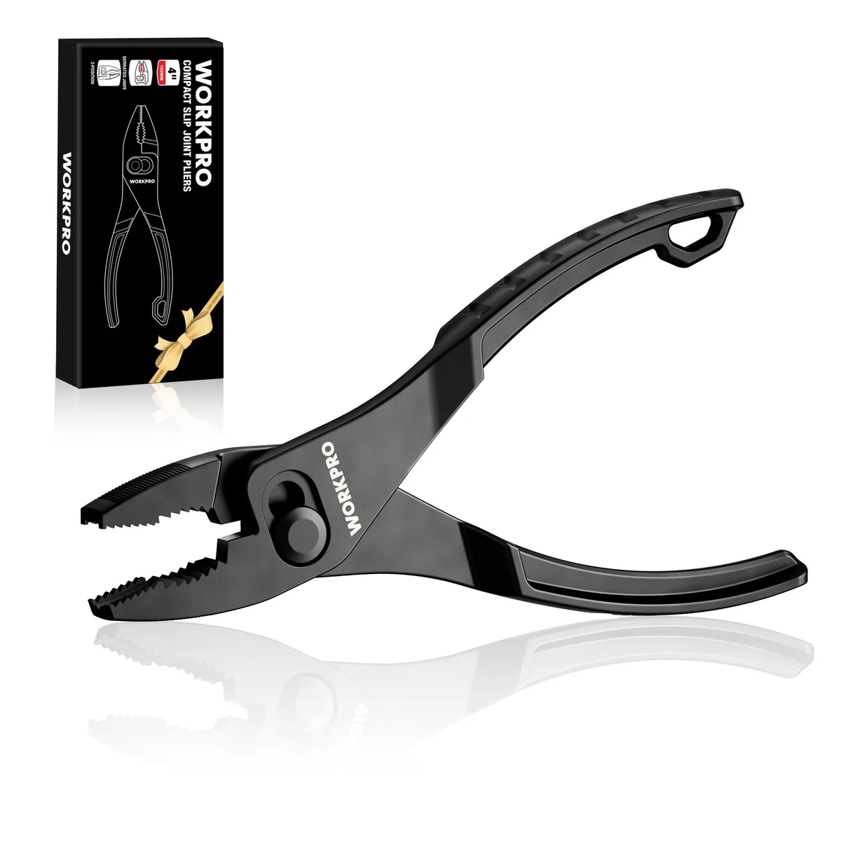 Compact 4-inch black steel slip-joint pliers with serrated jaws, slim profile for tight spaces