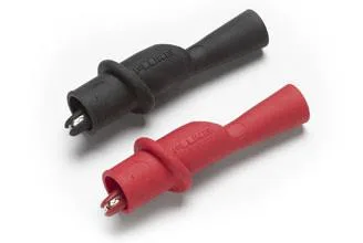 Red and black insulated alligator clips with flexible boots, slide-on design