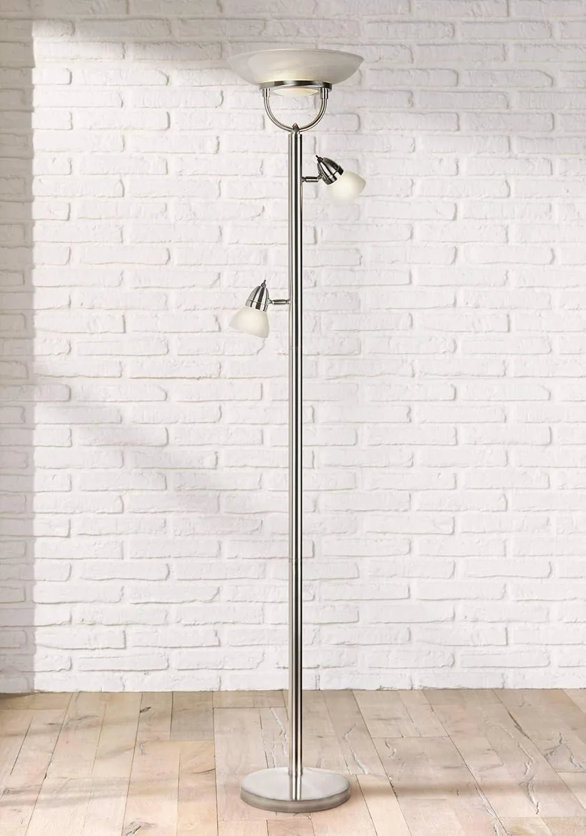 TUKO TUKO 3-in-1 Torchiere Floor Lamp 70" Brushed Nickel White Glass Shades — product photo