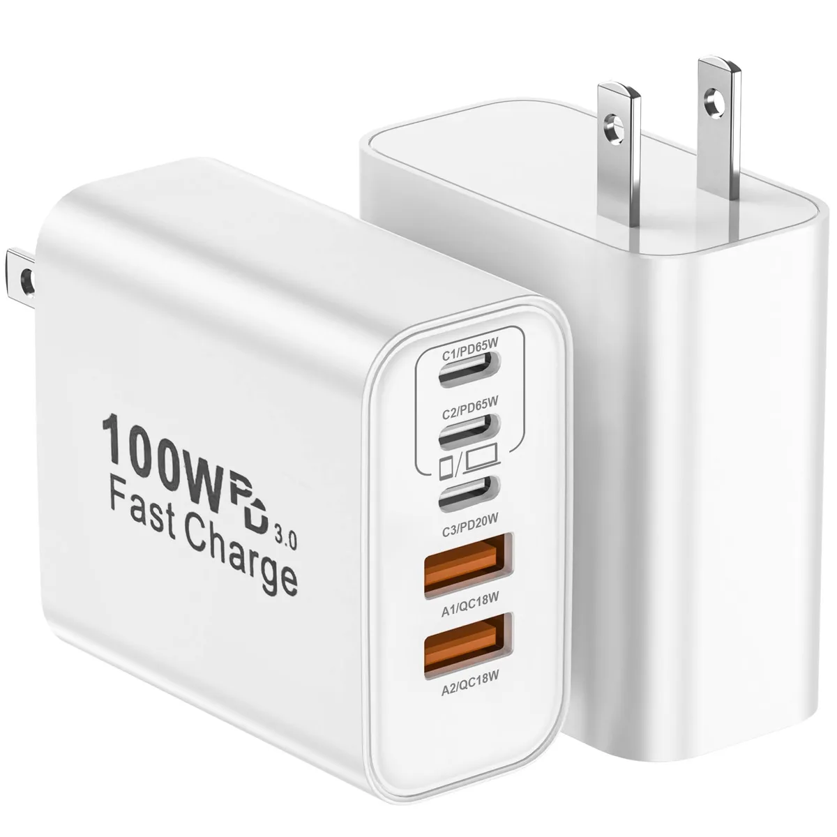 Two compact white wall chargers, each with three USB-C and two USB-A ports