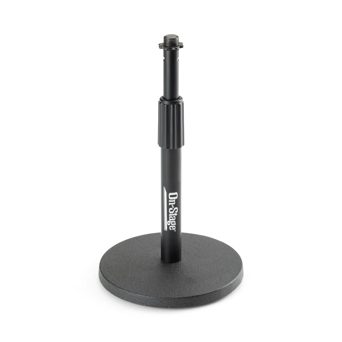 Black metal desktop microphone stand with round weighted base and adjustable shaft 9 to 13 inches